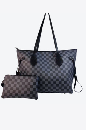 Damier checkered tote bag and matching pouch in Cloudy Blue with black trim and straps.