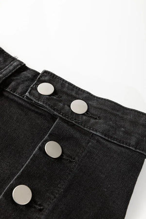 Black denim midi skirt with button-front detail and silver buttons