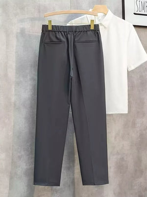 Men's dark gray straight-leg pants with elastic waistband and back pockets.