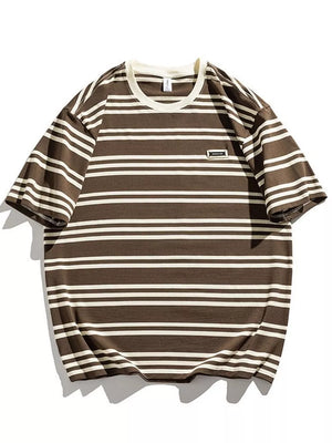 Men's brown and white striped cotton crew neck tee with a small chest detail.