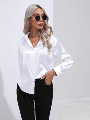 White satin tie-front blouse with buttoned front and collar