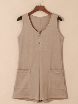 Camel waffle knit button-down romper with pockets