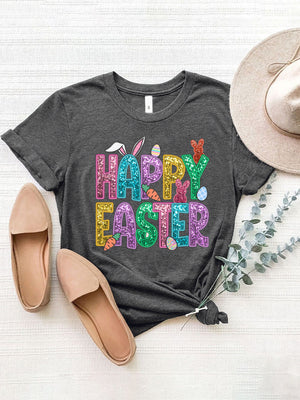Dark Gray Glittering Easter Graphic Tee with bunny and carrot accents.