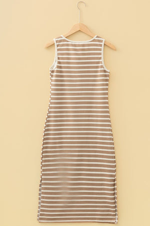 Brown and white striped sleeveless midi dress with side slit