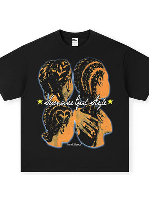 Black cotton oversized tee with graphic print of four profiles and text.