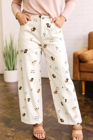 Abstract Dog Print Wide Leg Jeans in White, front view