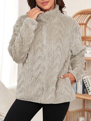 Textured chevron fleece zip jacket in dark gray with a stand-up collar and pockets.