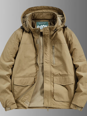 Khaki hooded waterproof jacket with fleece lining, zip chest pocket, and flap pockets.