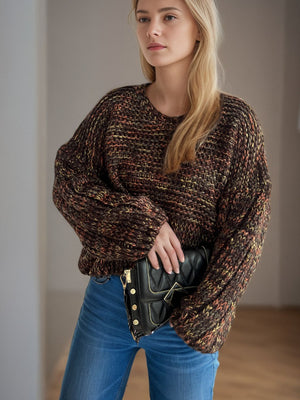 Textured knit sweater in coffee brown with balloon sleeves and crew neck.