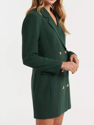 Dark green tailored double-breasted blazer dress with gold buttons.