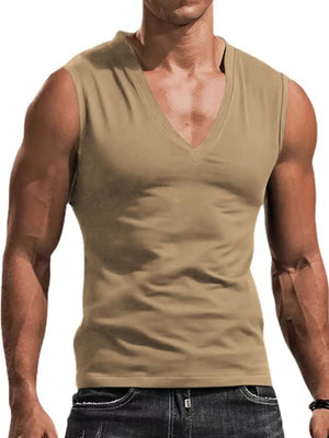 Khaki V-neck muscle tank top with a sculpted fit.