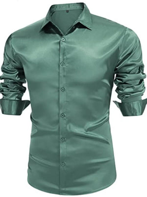 Satin finish slim fit button-down shirt in a muted green with ruched sleeves.