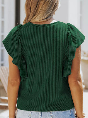 Dark green ribbed t-shirt with ruffled short sleeves.