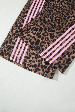 Leopard Print Striped Long Sleeve Top Pant Set in Coffee Brown, editorial view