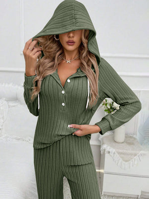 Moss ribbed knit henley lounge set with hood and button detail