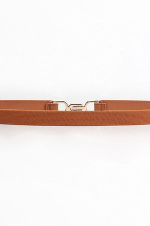 Caramel elasticated belt with hook-clasp closure and alloy buckle detail.