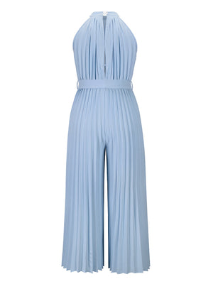 Light blue halter neck pleated palazzo jumpsuit with belted waist and wide legs.