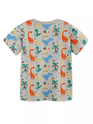 Toddler crew-neck t-shirt in light grey with a colorful dinosaur and palm tree print.