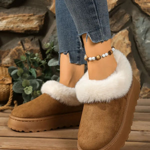 Cozy Khaki fuzzy trim platform slippers with chunky sole.