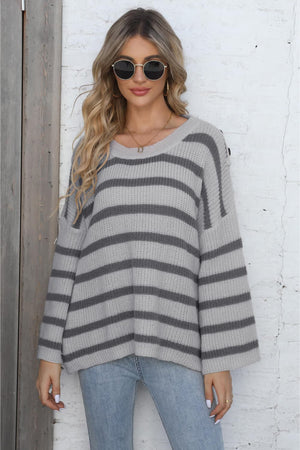 Light Gray striped knit pullover sweater with button shoulder detail.