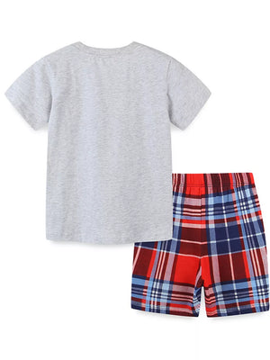 Boys' grey cotton tee and red plaid shorts set