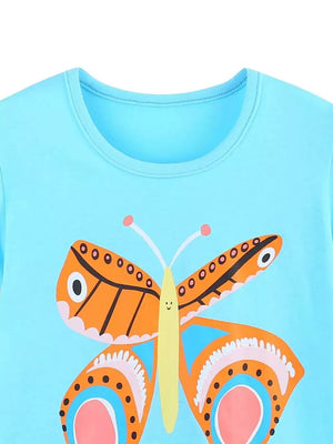 Pastel blue cotton t-shirt with a colorful butterfly graphic and round neckline.