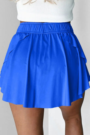 Blue flared skort with elastic waistband and tie detail, A-line cut