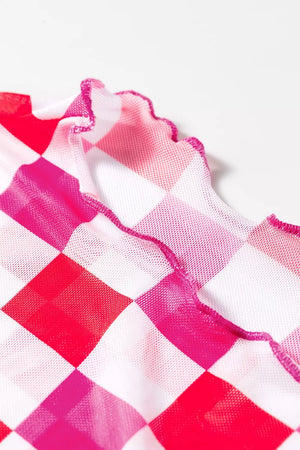 Plaid Heart Mesh Sheer Long Sleeve Top, fabric detail