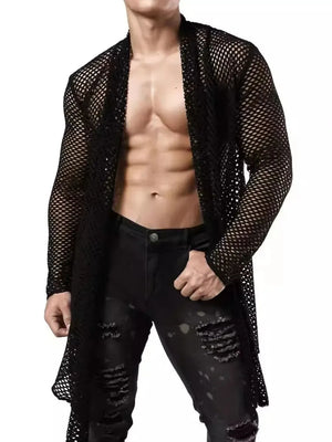 Black mesh panel long sleeve open front cardigan with a sheer, lightweight design.