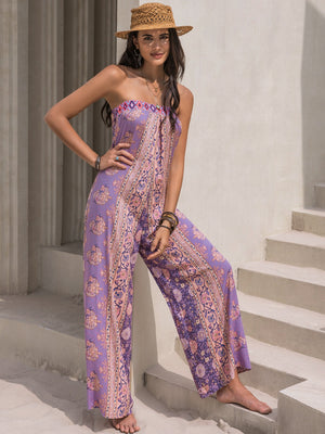 Lilac bandeau floral wide-leg jumpsuit with a boho print and relaxed fit.