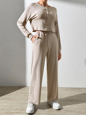 Tan ribbed henley lounge set with cropped long sleeve top and wide leg pants