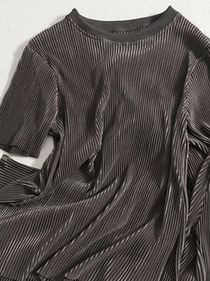 Dark Gray pleated two-piece set with a crew neck and short sleeves.