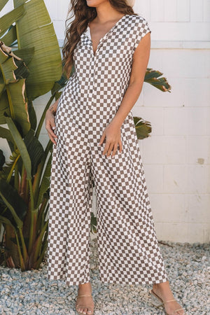 Checkered palazzo jumpsuit in mocha with cap sleeves and buttoned V-neck.