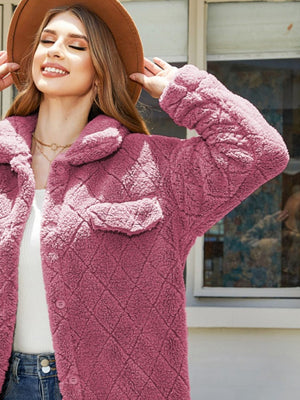 Hot Pink quilted teddy bear coat with patch pockets and button front.