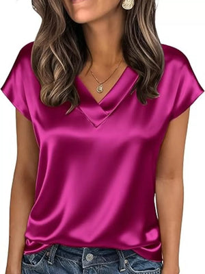 Luxe satin V-neck short sleeve maternity shirt in Rose Red.