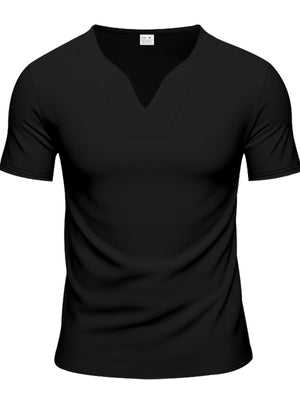 Black men's short sleeve t-shirt with notched V-neck and stitched detail