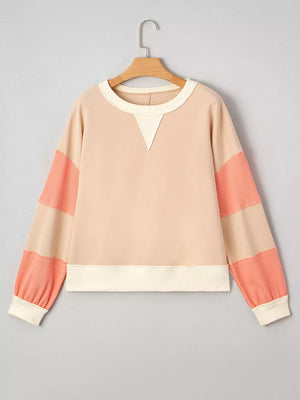 Color Block Textured Patchwork Pullover Sweatshirt in Watermelon pink, fabric detail