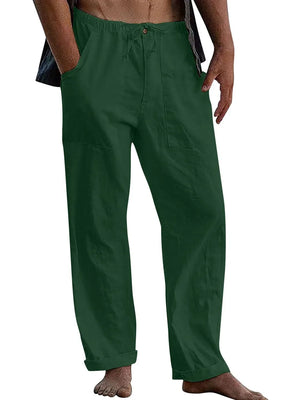 Relaxed fit linen drawstring trousers in dark green with cuffed hems and pockets.