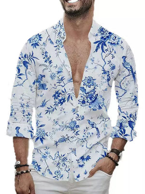 Men's Full Size Floral Print Button-down Shirt in Light Blue, side view