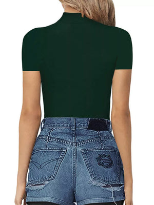 Dark green mock neck short sleeve bodysuit styled with denim shorts