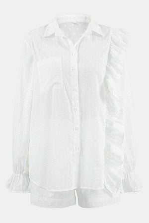 White textured ruffle trim shirt set with collared neckline and button front.