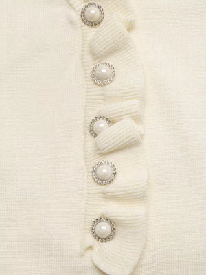 Ruffle Trim Pearl Button V-neck Knit Top in Apricot, product detail