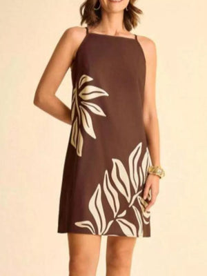 Brown mini dress with cream tropical leaf print, square neck, and spaghetti straps.