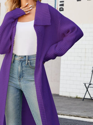 Longline knit collar cardigan in violet, featuring a relaxed fit and open front.