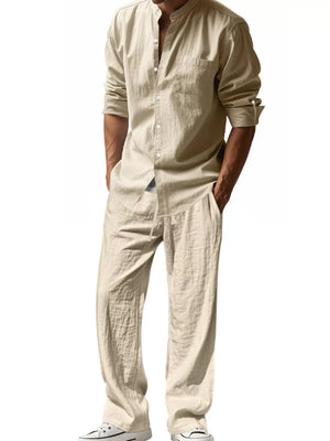 Men's khaki linen blend casual two-piece set with band collar shirt and drawstring pants.