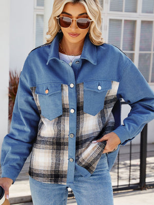 Denim & Plaid Patchwork Overshirt in Dusty Blue with button details and chest pockets.