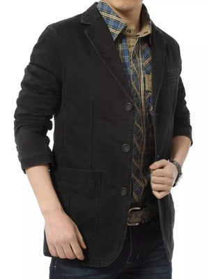 Black cotton button-up blazer with two front pockets and a plaid shirt.