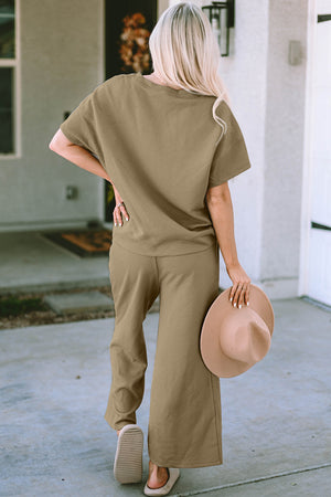 Khaki textured knit tee and wide leg pants set with short sleeves and a crew neck.