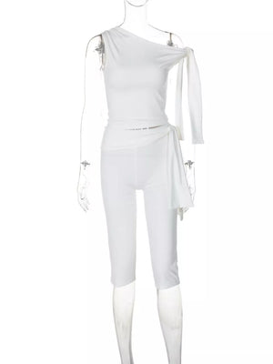 White one-shoulder tie top and capri set with draped detail