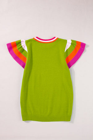 Lime green knit blouse with flutter sleeves and colorblock trim in pink, orange, and white.